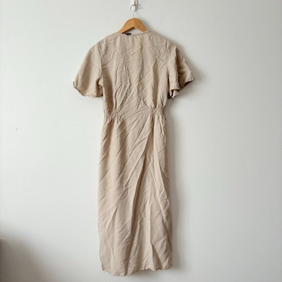 Zara Button Down Lyocell Short Sleeve Midi Dress Cream Nude Size Small - Picture 5 of 7